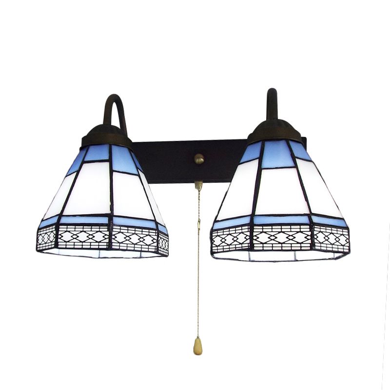 2 Heads Wall Mounted Light Tiffany Conical White Glass Sconce Light with Pull Chain