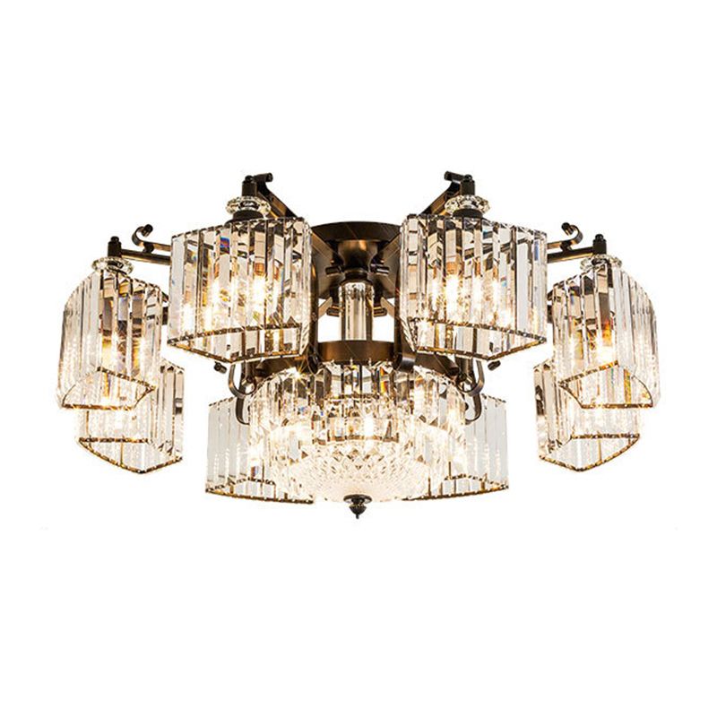 Clear Crystal Radial Flush Chandelier Traditional Living Room Semi Flush Mount Light in Black