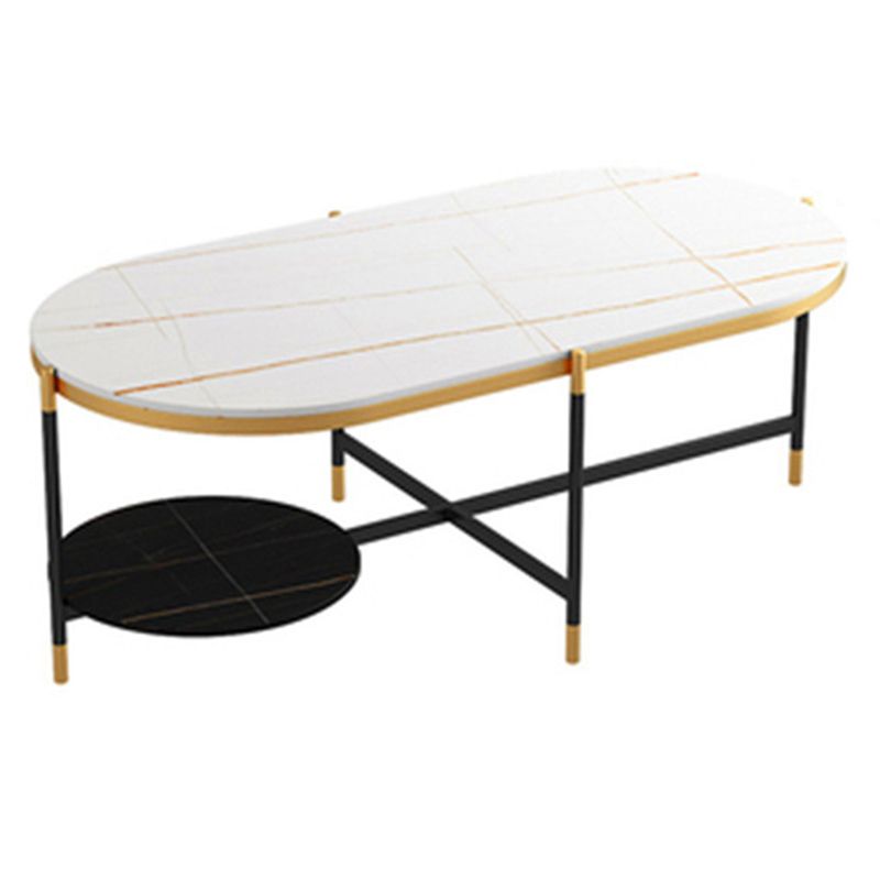 17.7" Tall Modern Metal Cross Leg Base Glass Oval Coffee Table with Shelf