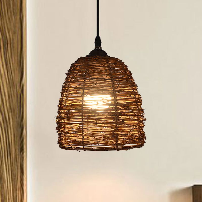 Konische Hanglampe zeitgenössischer Stil Rattan 1 Kopf Beige/braune Federung Licht für Esszimmer
