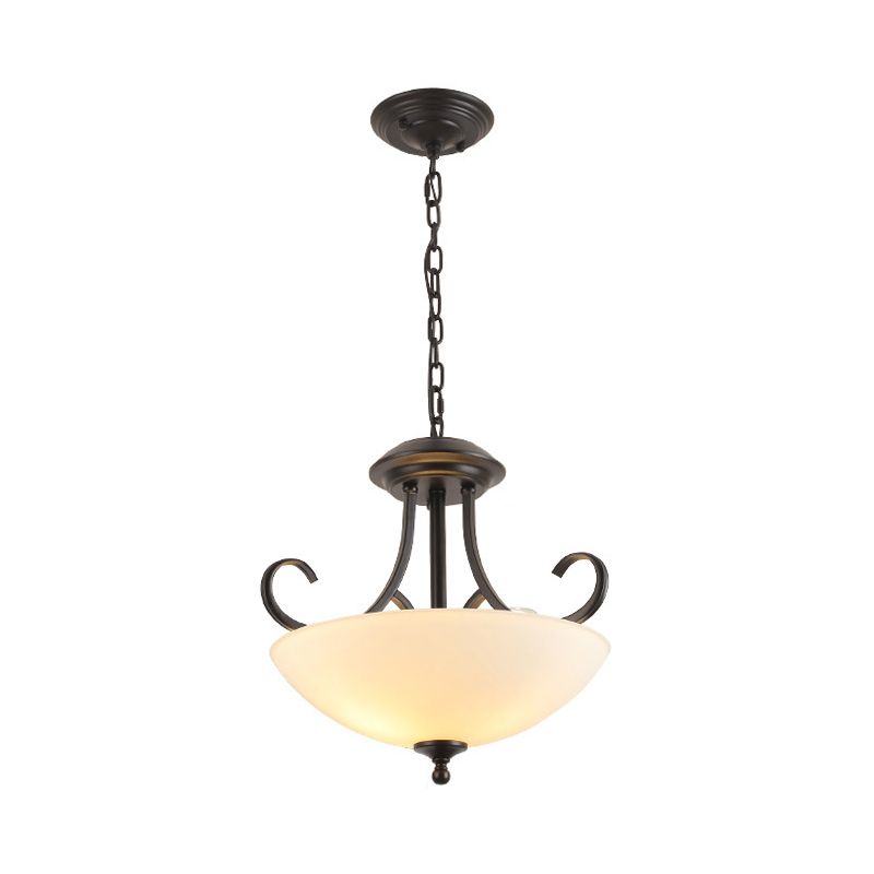 3-Bulb Bowl Pendant Chandelier Classic White Frosted Glass Hanging Light Kit with Scroll Arm