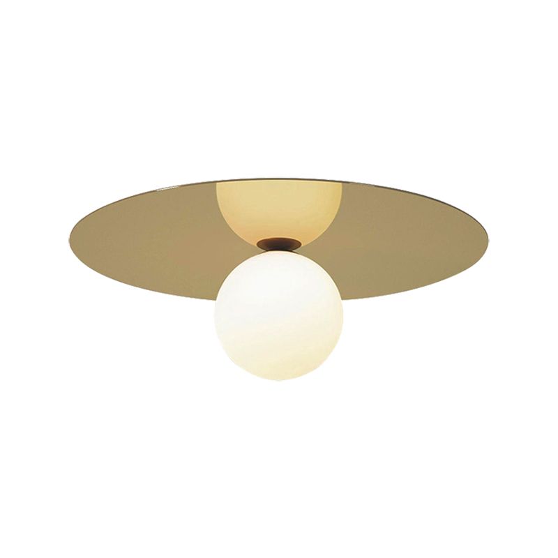 12" W Brass Finish Round Flushmount Ceiling Lamp Contemporary 1 Bulb Ceiling Flush Mount Light with Milk Glass Shade