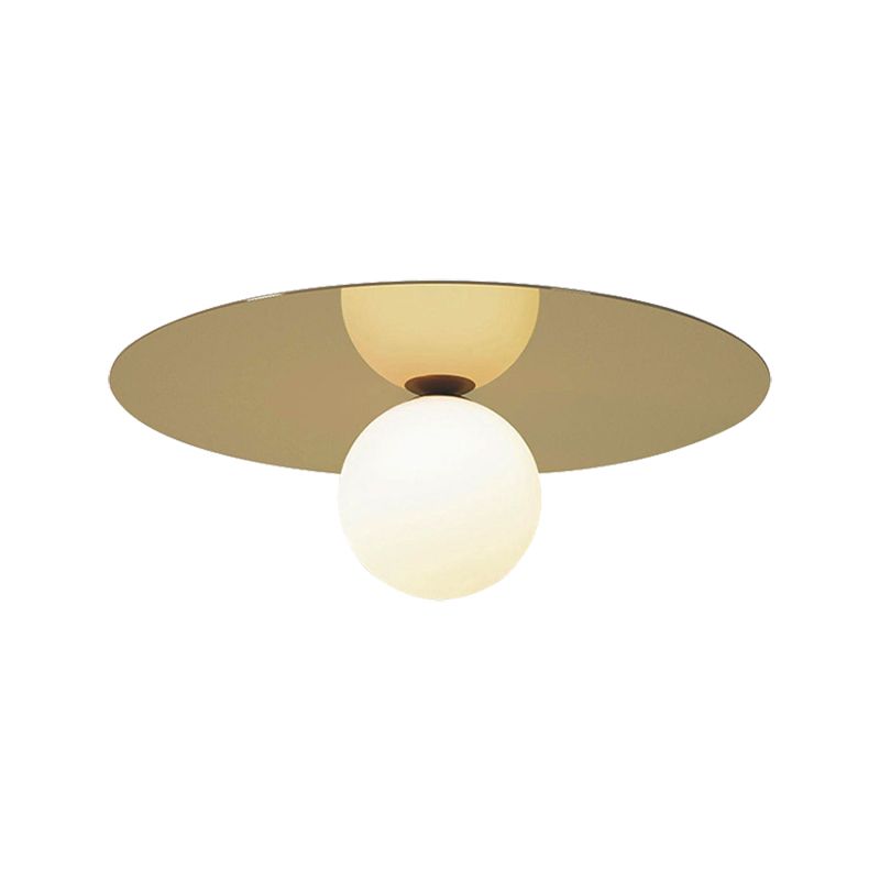 12" W Brass Finish Round Flushmount Ceiling Lamp Contemporary 1 Bulb Ceiling Flush Mount Light with Milk Glass Shade