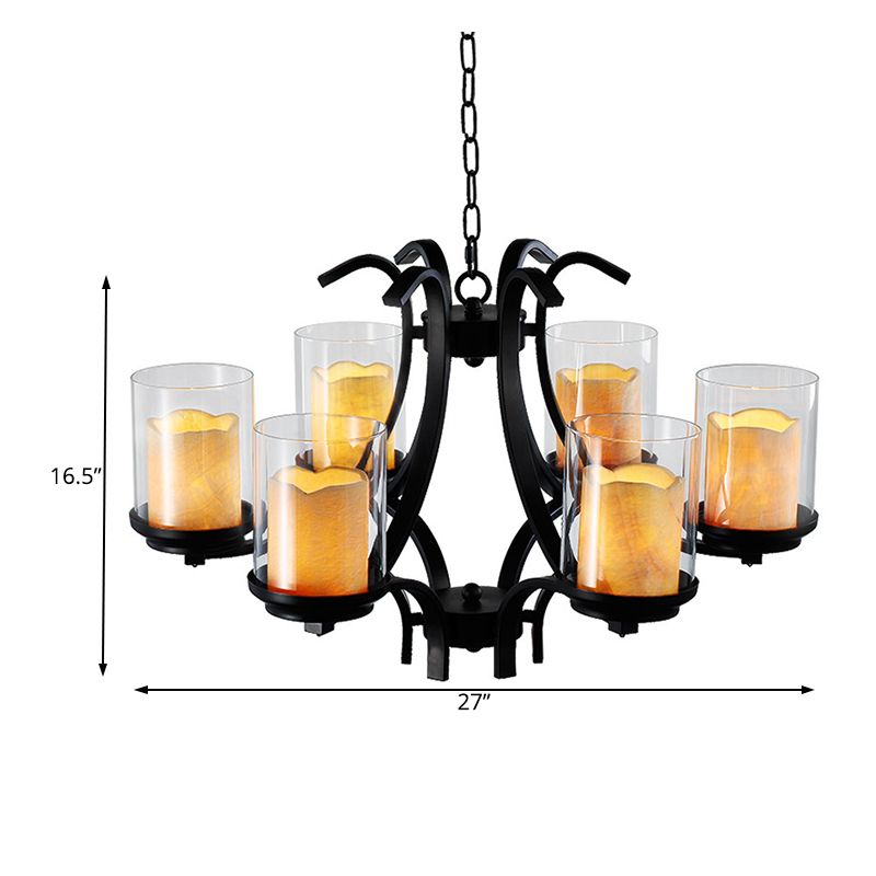 6 Lights Dining Room Ceiling Lamp Country Black Chandelier Light with Cylinder Marble and Clear Glass Shade