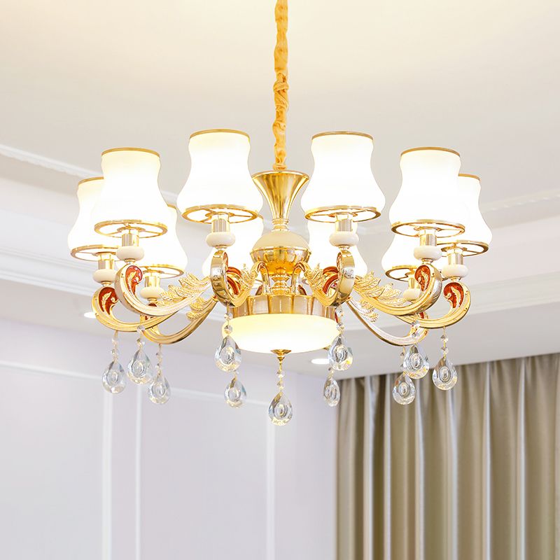 White Glass Bud Ceiling Lighting Traditional Living Room Chandelier Light Fixture with Crystal Draping