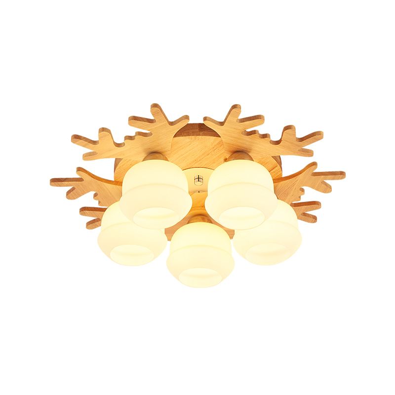 Jar White Glass Flush Lamp Fixture Modern 5/7 Bulbs Beige Ceiling Mounted Fixture with Wood Antler Design