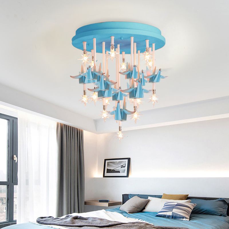 Resin Horse/Bird/Crane Ceiling Light Fixture Kids 13/16 Lights Blue/Pink Flush Mount Lighting with Clear Glass Shade