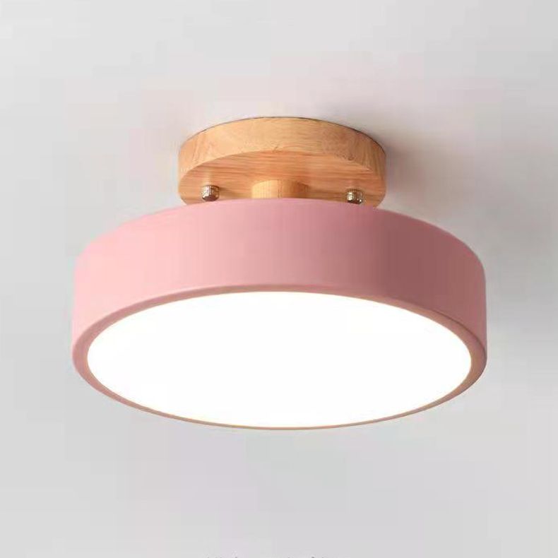 Drum Wood Semi Flush Mount Light Fixture Simple Style LED Ceiling Mount Lighting