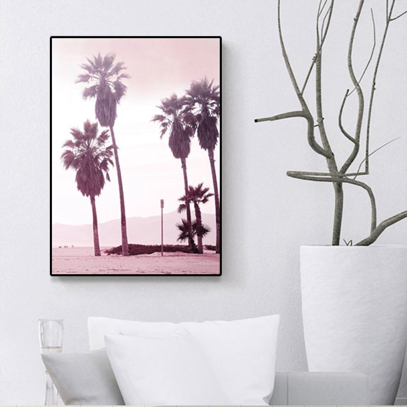 Pink Tropix Canvas Wall Art Areca Nut Palm on Beach Scenery Wall Decor for Living Room