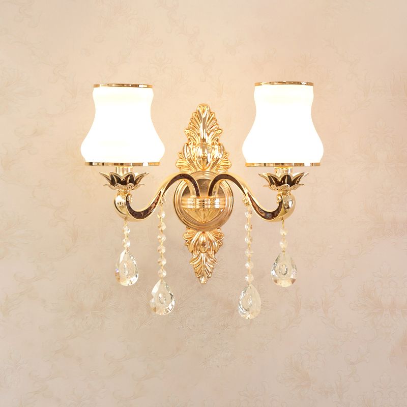 Wall Lighting Sconce Classic Carved Arm Metal Wall Mount Light with White Glass Shade