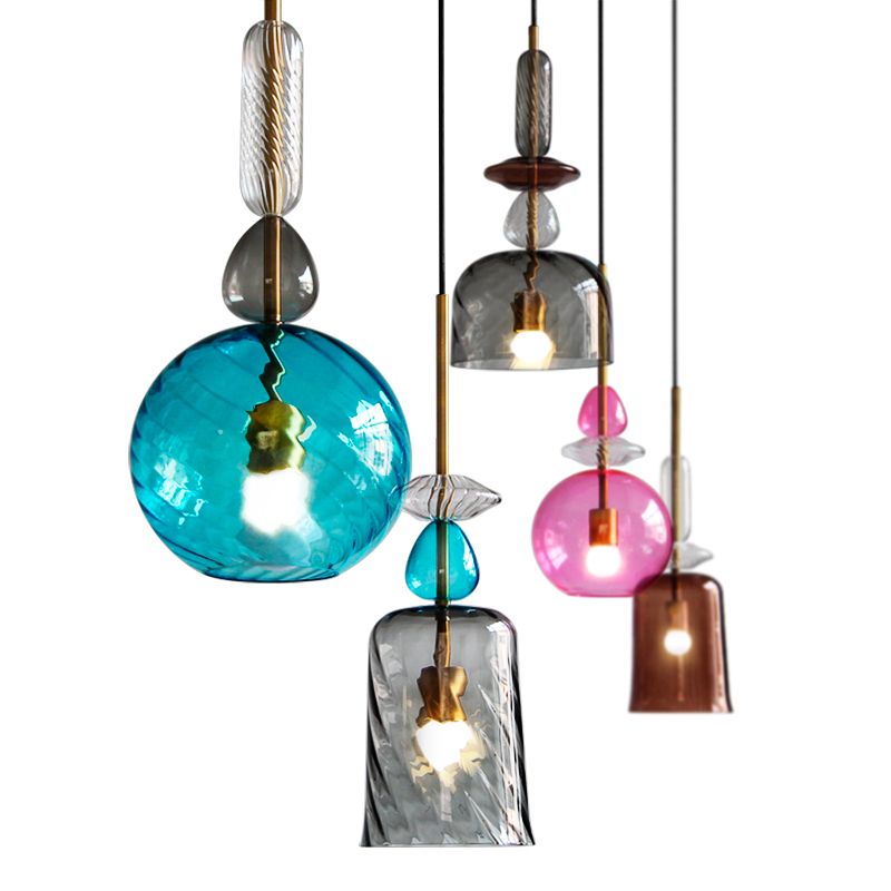 Pink/Blue/Amber Globe/Cylindrical/Dome Suspension Pendant Modernist 1 Light Smooth/Water Glass Hanging Ceiling Light