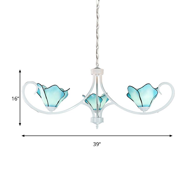 Stained Glass Petal Chandelier Light with Metal Chain Tiffany Rustic 3 Lights Foyer Pendant Light in Blue