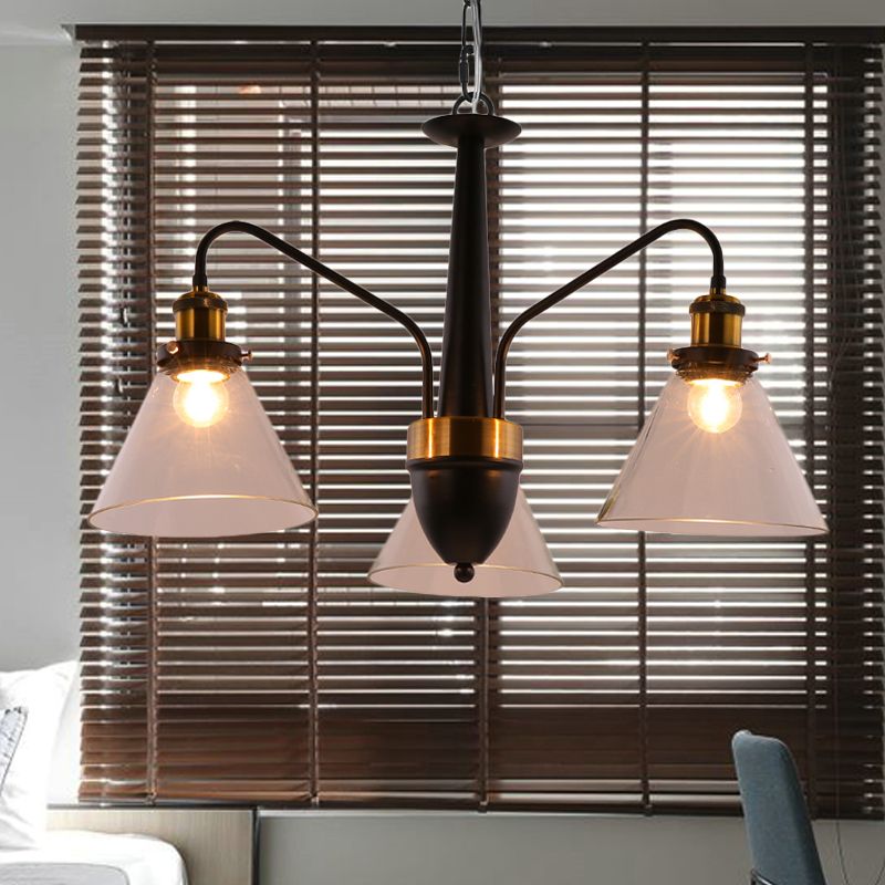 3/5/6-Light Conical Chandelier Light Traditional Black and Gold Hanging Pendant with Clear Glass Shade