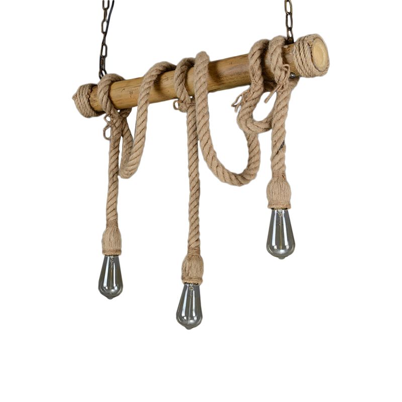 Bare Bulb Design Bamboo Hanging Lamp Rustic 3/6-Head Dining Room Island Light with Rope Cord in Brown
