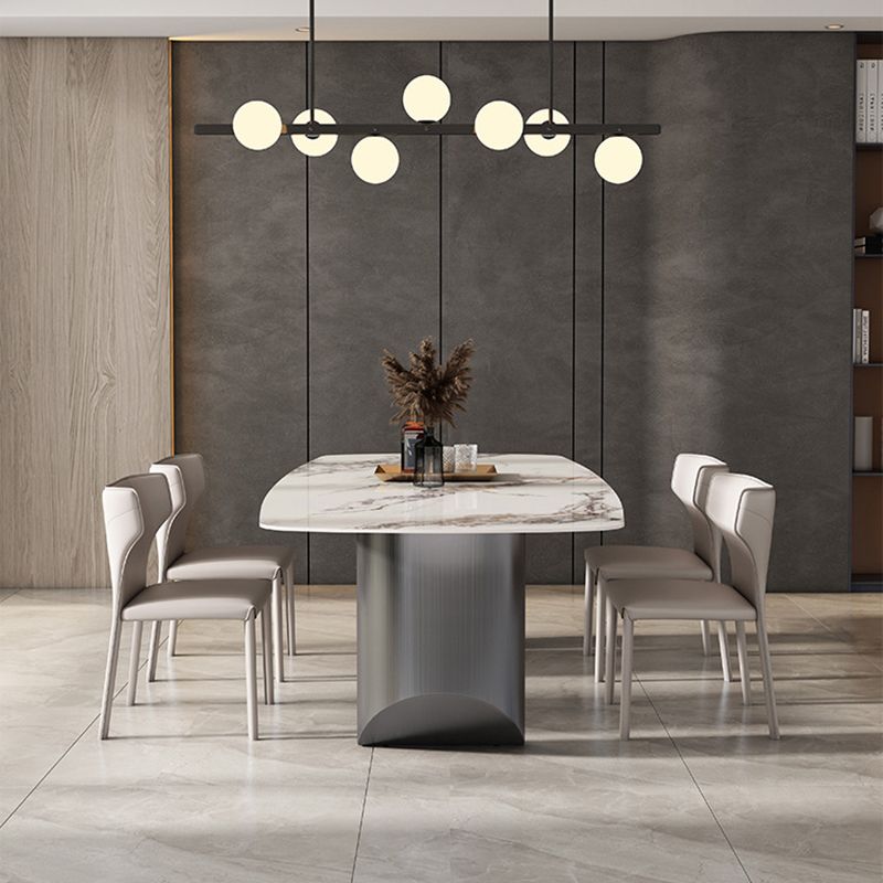 Minimalist Style Sintered Stone Dining Set with White Fixed Table and Black Double Pedestal Base