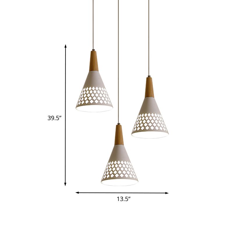 Luce a sospensione a sospensione modernista a cuscinetto a sospensione modernista a cluster con a cono di ferro con design a griglia in bianco e legno