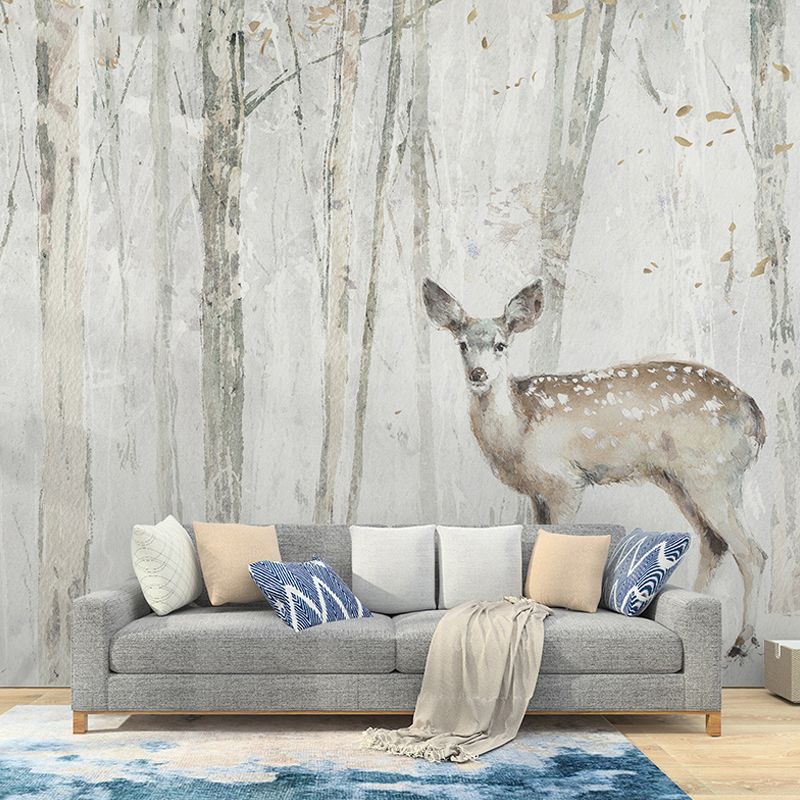 Personalized Illustration Nordic Mural Wallpaper for Living Room with Pewter Deer and Tree