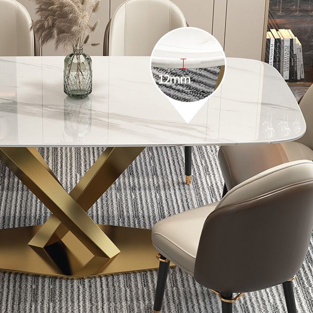 Rectangle Traditional Luxury Dining Table White Sintered Stone Table with Gold Metal Pedestal Base