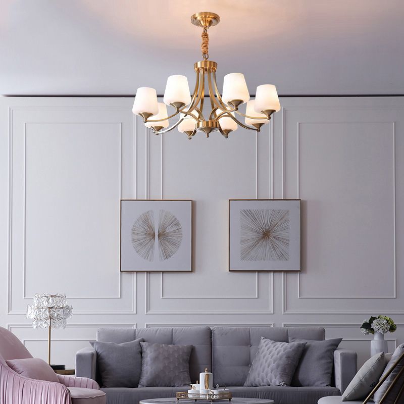 Traditional Tapered Hanging Ceiling Light Opaline Glass Chandelier Lighting in Brass