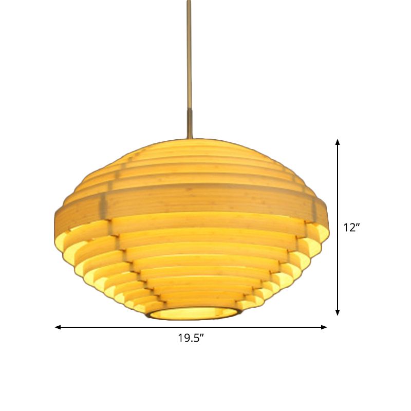 Wood Lantern Ceiling Lamp Asia 1 Bulb Hanging Light Fixture in Beige for Living Room