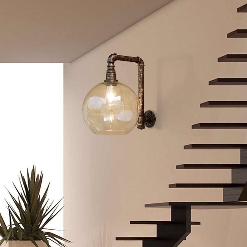 Globe Stairway Wall Lamp Industrial Clear Glass 1 Light Aged Brass Wall Mount Light with Angle Pipe, 8"/10" Width