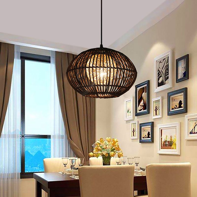 Spherical Cage Dining Room Ceiling Lamp Bamboo 1 Head Loft Style Hanging Pendant Light in Beige, 16"/21.5" Wide