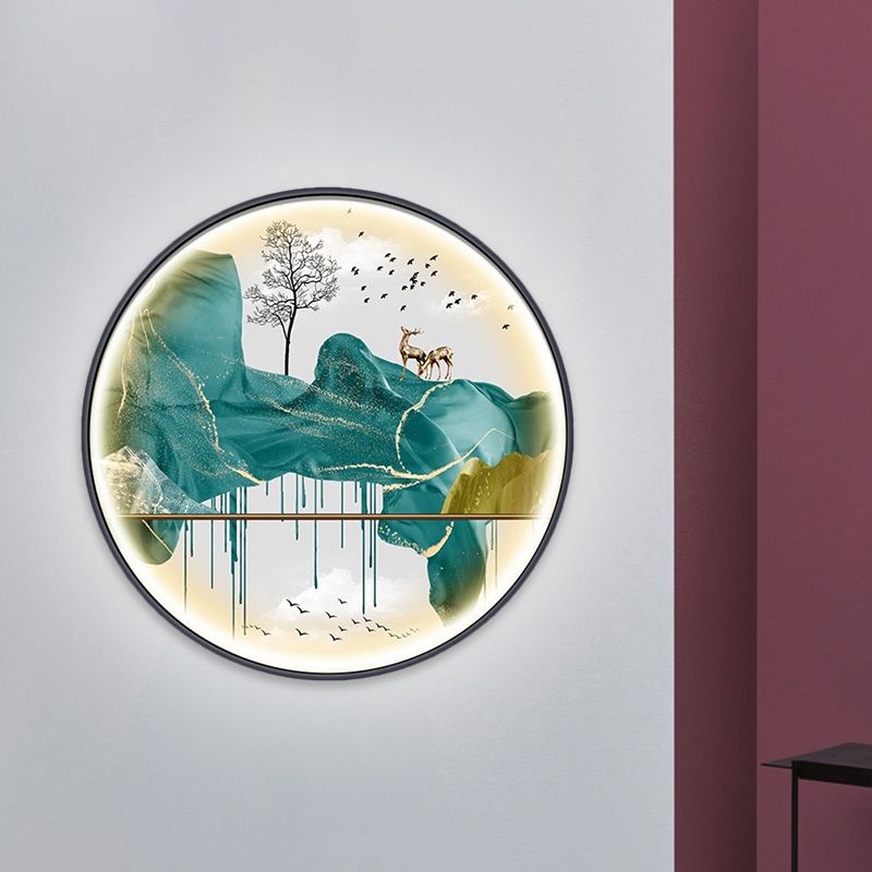 Yellow/Green Circle Wall Light Fixture Asian Style LED Fabric Wall Mural Mount Lamp with Landscape Pattern