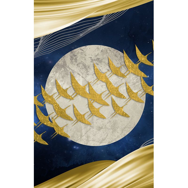 Personalized Illustration Artistry Mural with Flock of Birds Fly Across Full Moon in Yellow-Blue