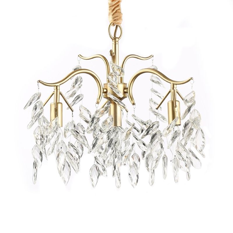 Raindrop Crystal Ceiling Chandelier Traditionalism 4 Heads Living Room Down Lighting in Gold