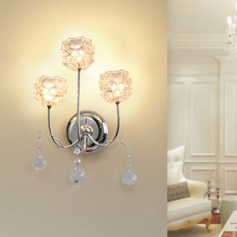 Chrome 3 têtes Murce Murce Contemporain Metal Curvy Bras Éclairage mural avec une nuance de cristal floral