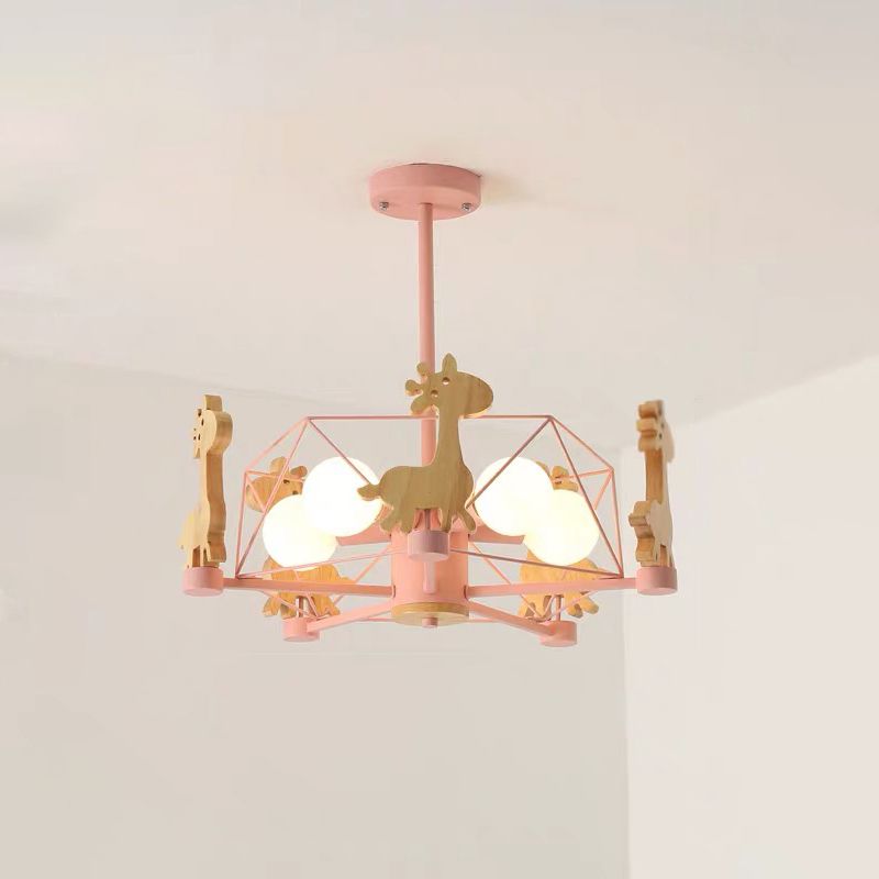 Giraffe Chandelier Cartoon Wooden Kindergarten Hanging Ceiling Light with Wire Cage