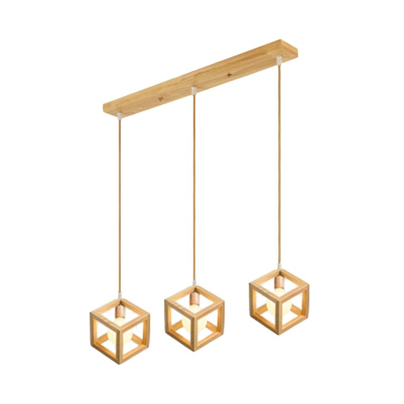 Quadratischer Multi -Licht -Anhänger Einfacher Holz 3 Lampenküche Hängende Leuchte