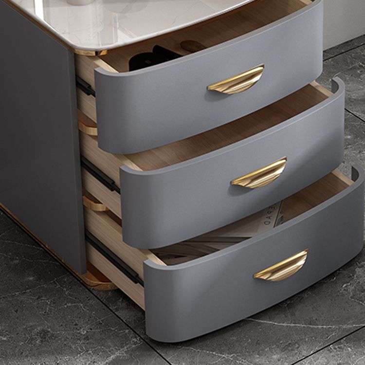 Solid Wood Drawers Vanity Set with Stone Top & Padded Stool in Grey