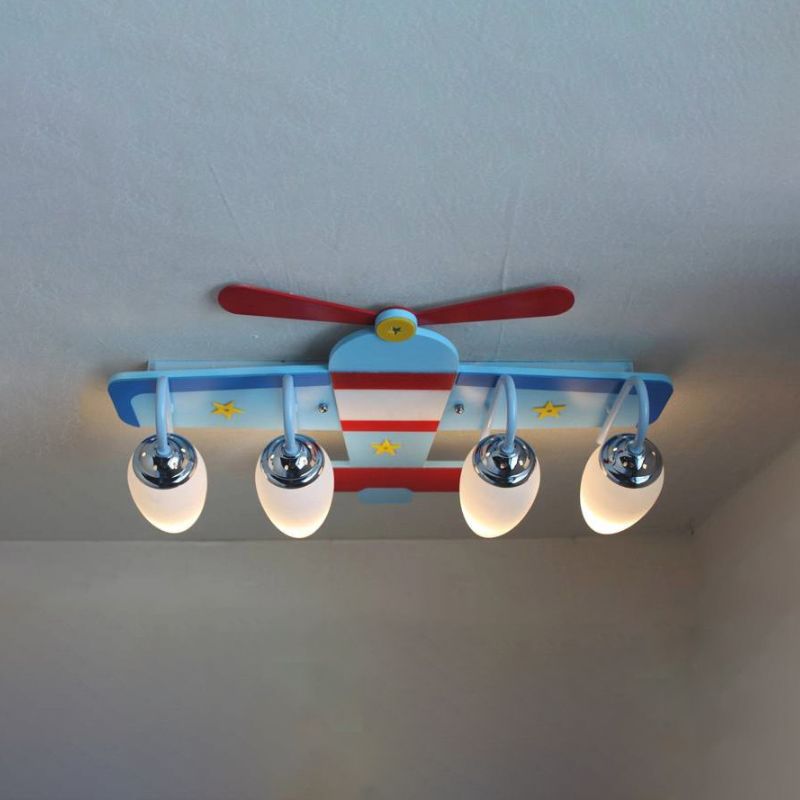 Aircraft Ceiling Mounted Lamp Cartoon Milk Glass 4 Bulbs Blue Flush Mount Lighting Fixture