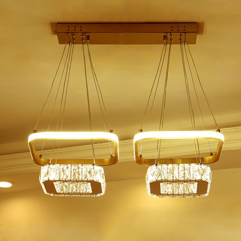 Squared Clear Crystal Chandelier Lamp Contemporary LED Stainless-Steel Pendant Light Fixture with Metal Frame