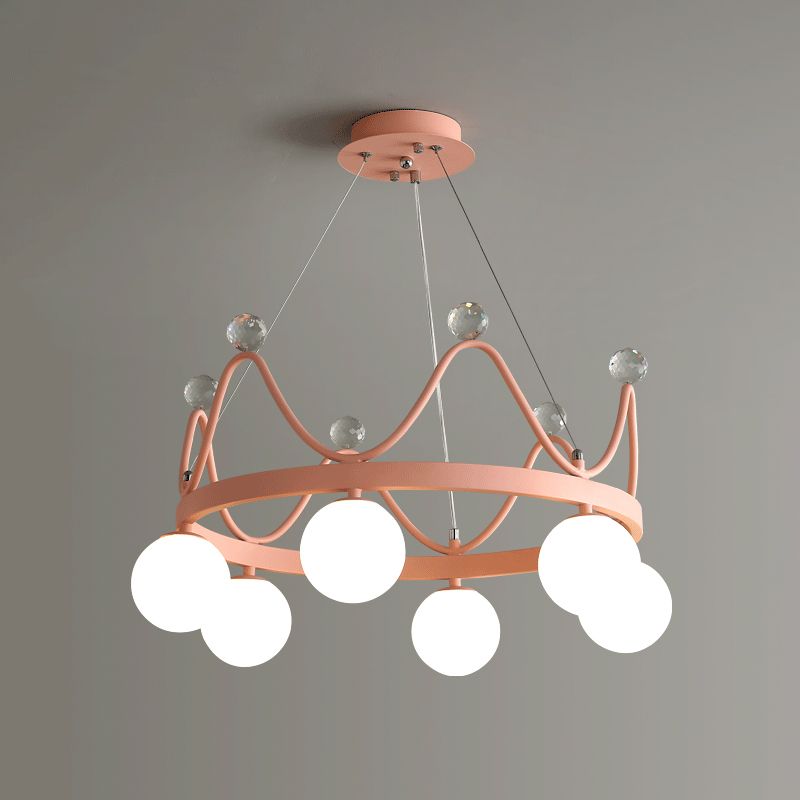 Crown Iron Chandelier Lighting Kid 6 Bulbs Pink/Gold Pendant Lamp with Orb Glass Shade and Crystal Finial