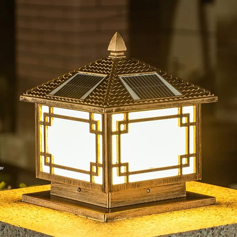 Square Shape Solar Pillar Lamp Contemporary Metal Outdoor Waterproof Light