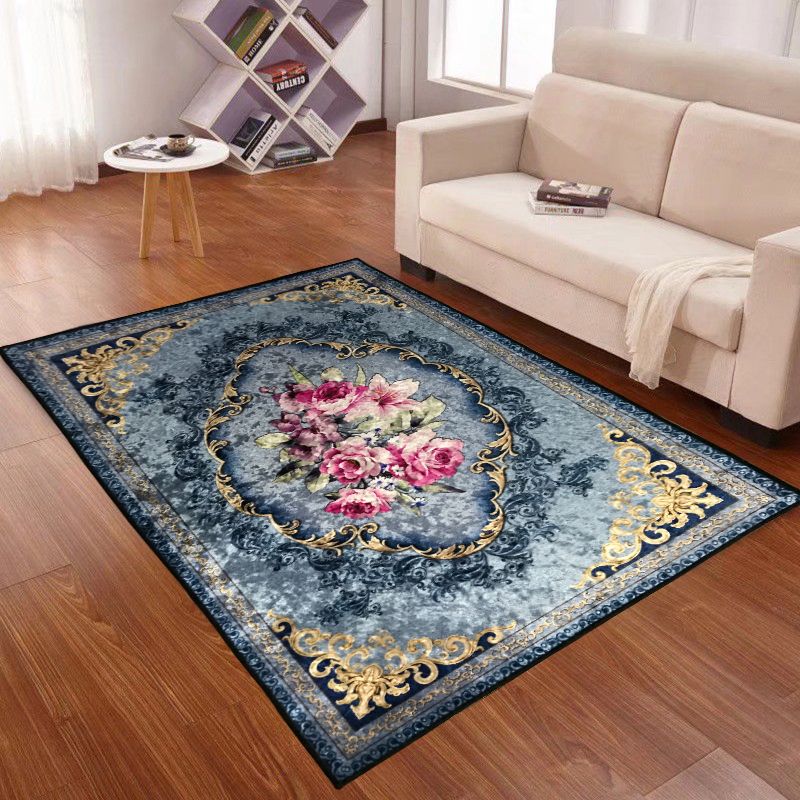 Blue Traditional Area Carpet Medallion Pattern Polyester Area Rug Anti-Slip Rug for Home Decor