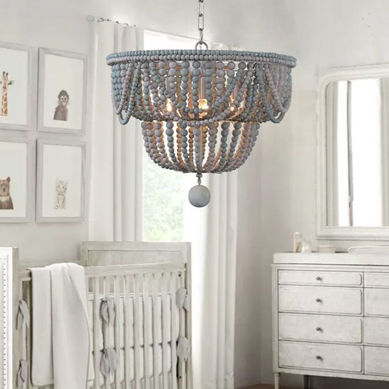 2-Tier Chandelier Modernism Wood 4 Heads 19.5"/25.5" Wide Blue and Gray Pendant Lighting Fixture for Bedroom
