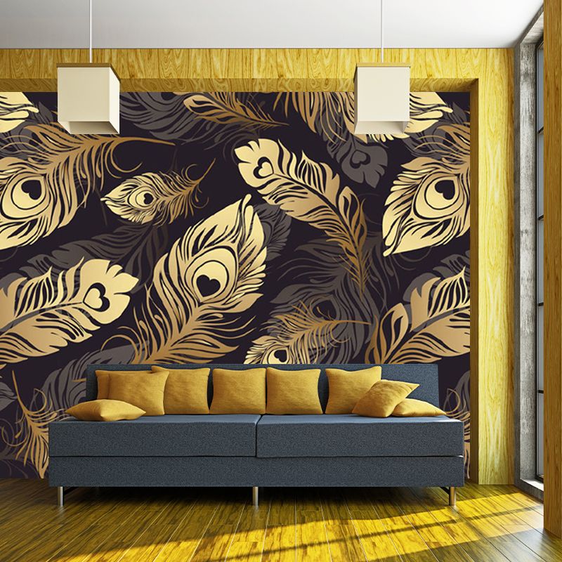 Contemporary Feather Murals in Grey and Yellow Bedroom Wall Decor, Customize Size Available