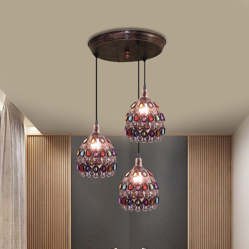 Rust 3 Bulbs Multi Light Pendant Traditional Metal Dome Suspension Lamp with Round/Linear Canopy for Bedroom