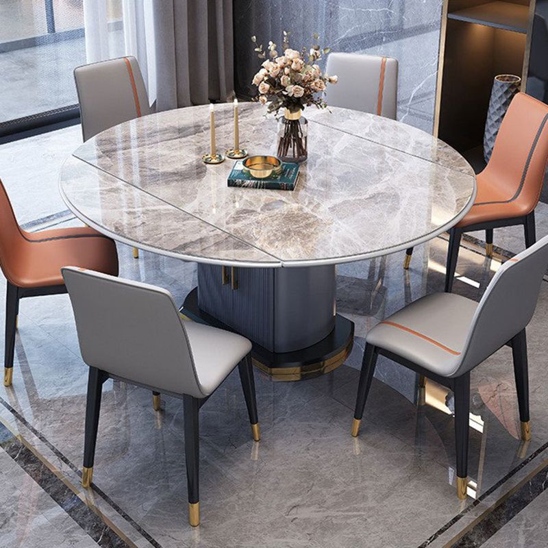 Extendable Round Dining Table Modern Adjustable Sintered Stone Top Table with Storage Pedestal