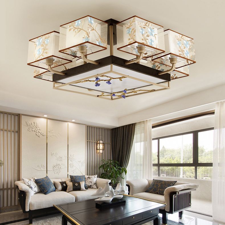 Brown Sputnik Ceiling Light in Traditional Classic Style Wrought Iron Flush Mount with Fabrics Shade