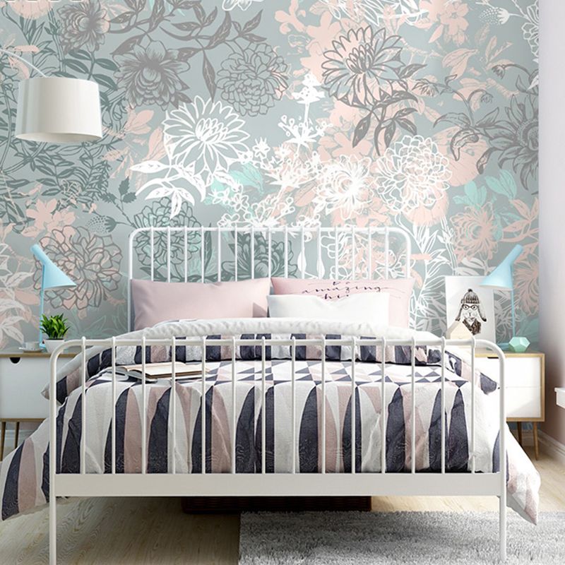 Full Illustration Blossoming Flower Mural for Bedroom in Grey, Customized Size Available