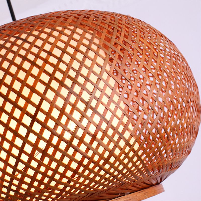 Curved Drum Suspension Pendant Asian Bamboo 1 Bulb Brown Hanging Light Kit, 16"/19.5"/23.5" Wide