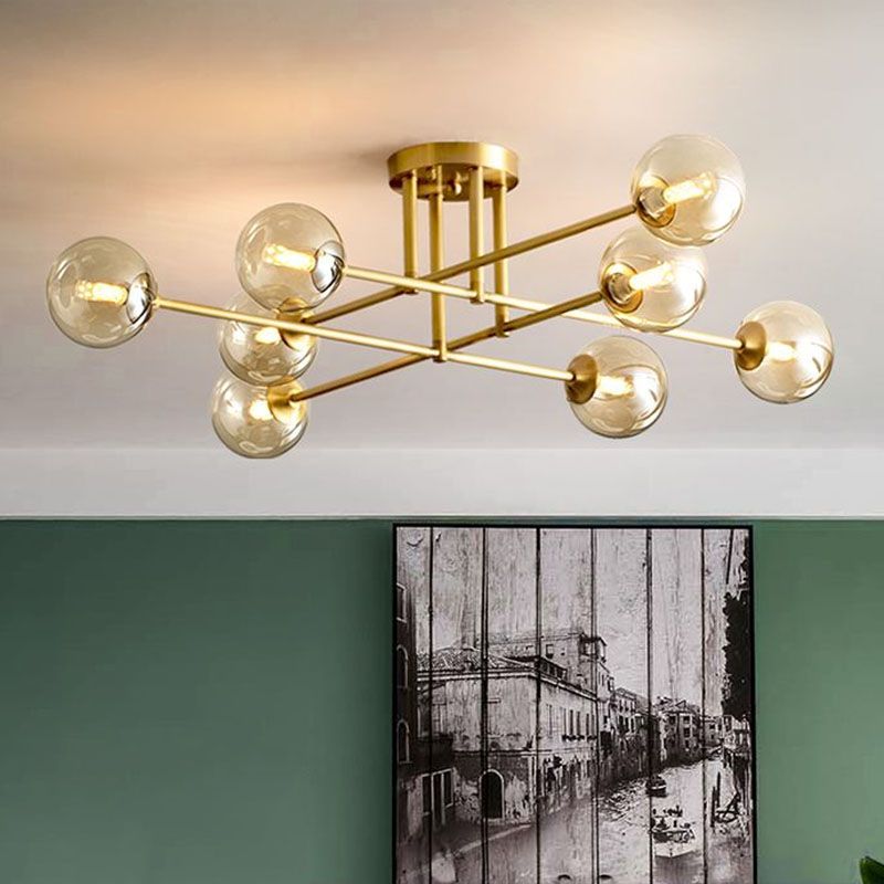 Spherical Dining Room Ceiling Fixture Amber Glass Postmodern Semi Flush Mount Lighting in Gold