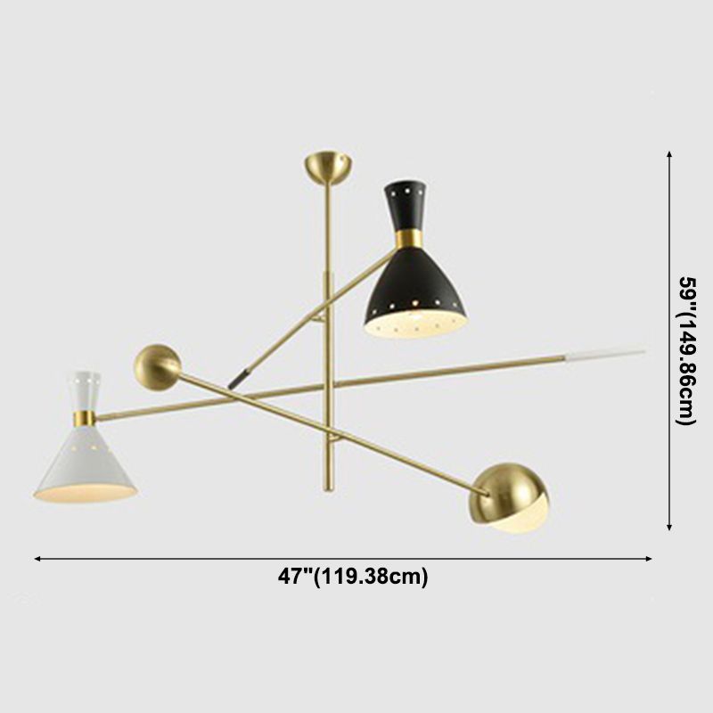 Postmodern 3-Light Chandelier Brass-White-Black Sputnik Hanging Light with Metal Shade