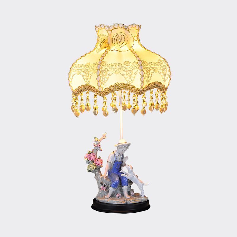 BEIGE Ruffle Edge Lampone Pastoral 1 Luce Light Night Light With Ceramic Boy and Dog