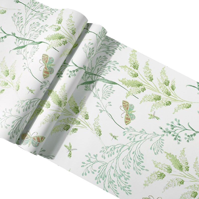 Flowers and Leaves Wall Decor in Green and White, Minimalist Wallpaper for Guest Room