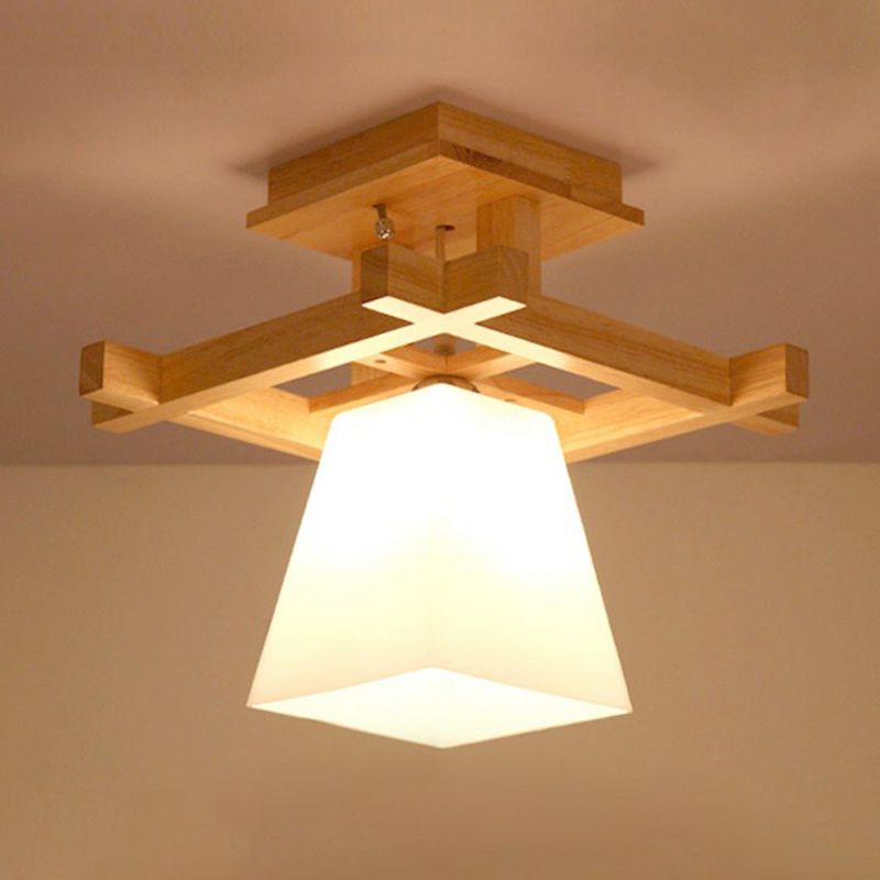 Wood Trapezoidal Ceiling Light Nordic Single-Bulb White Glass Semi Flush Mount for Foyer